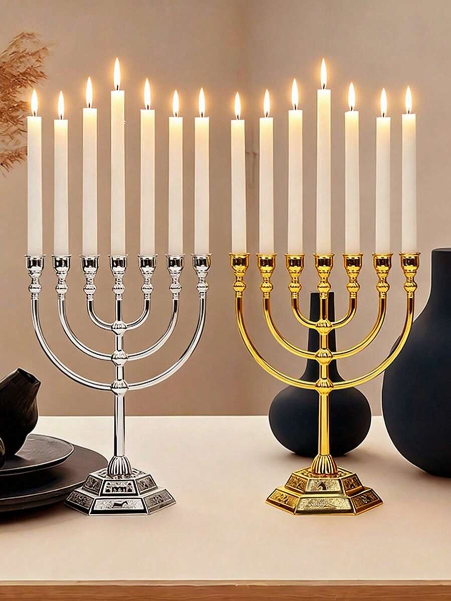Đèn Menorah bằng kim loại mạ vàng sang trọng - Chân nến truyền thống 7 nhánh với ngôi sao David, hoàn hảo cho các lễ kỷ niệm và Lễ Tạ ơn, trang trí bàn ăn, vật trang trí nến. - Nhiều màu - Xem 1