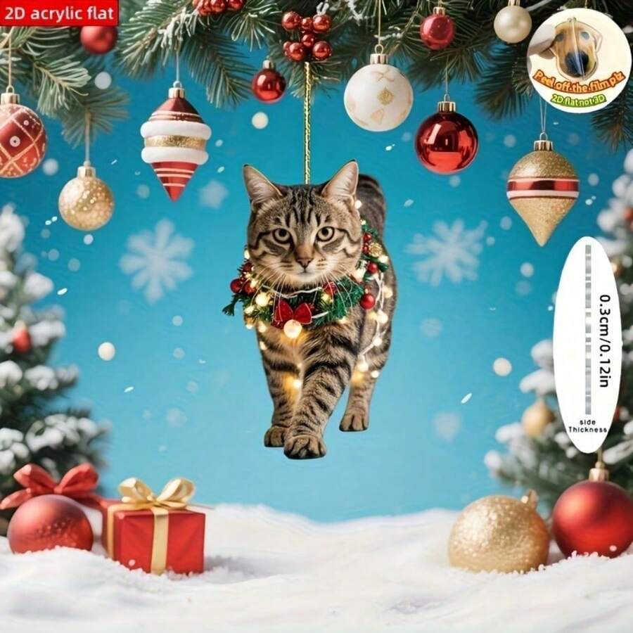 2D Flat, 1 Piece Christmas Cute Raccoon Cat Pattern Ornament, Kitten Hanging Christmas Lights Design, Easy To Hang Rope, Indoor/Outdoor Tree Decoration Ornament, Durable Acrylic Material, No Power Required, Durable Holiday Dress Up Ornament, Suitable For Christmas Gifts, 2D Flat - 1 - View 1
