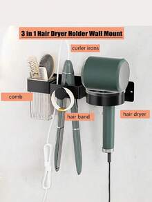 Soporte de pared 3 en 1 para secador de pelo y rizador, organizador sin taladro para plancha de baño, estantería ahorradora de espacio para almacenamiento de herramientas para el cabello, accesorios de baño - Negro - Ver 9