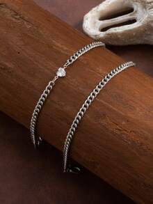 2pcs Heart Rhinestone Stainless Steel Chain Anklet Set, Simple Women Gift For Date, Vacation, Daily Wear - Silver - View 4