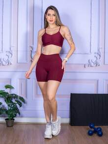 LLEVO Fitness Set Consisting Of Shorts And A Strapless Top In Spandex Fabric. - 酒紅色 - 查看 3