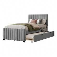 Upholstered Bed With Pull-Out Bed, Velvet Fabric Children's Bed, Youth Bed, Guest Bed, Flat Single Bed For Bedroom And Guest Room Without Mattress - 灰色 - 查看 3