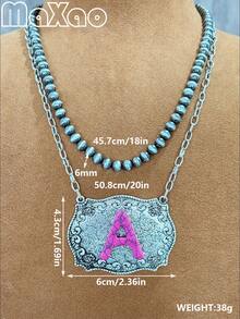 Women's Vintage European & American Bohemian Style Rose Red Turquoise English Initial Double Layer Necklace, 18-Inch Pearl + 20-Inch Rectangular Alloy Pendant, Suitable For Daily Wear, Dates, Theme Parties, You Will Get Many Compliments From Friends When Wearing It - Hot Pink - View 4