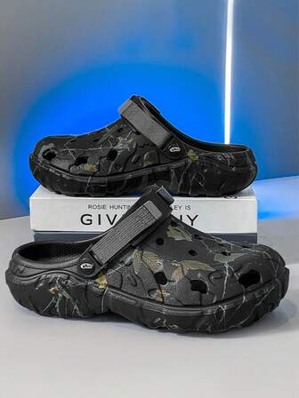 男士夏季户外透气凉鞋，迷彩树叶印花，EVA软底，防滑加厚鞋底，包头设计，足弓支撑，适合徒步、露营、海滩、街头穿着，轻便耐穿的休闲一脚蹬鞋