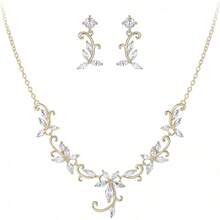 Crysdue Flower Leaf Wedding Jewelry Set Bridal Bridemaid, Cubic Zirconia Teardrop Elegant Silver/14K/Gold Plated Vine Necklace Dangle Earrings Prom Party - 金色 - 查看 7