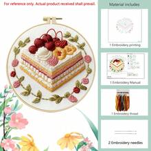 初学者刺绣套装 - 甜点主题，预印巧克力蛋糕和马卡龙图案，包含20厘米绣绷、绣线、绣针和工具，手工工艺套装
