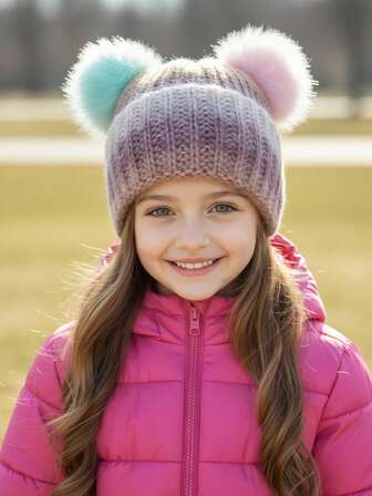 1pc Girls' Double Pom-Pom Winter Children's Hat, Warm Soft Knitted Baby Beanie