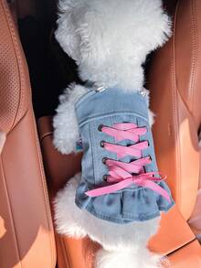 1pc Pet Clothes, Dog/Cat Outfit, Cute Stylish Comfortable Apparel For Small Dogs, Puppy, Lovely Heart & Ribbon Decor Dress - Blue - View 5