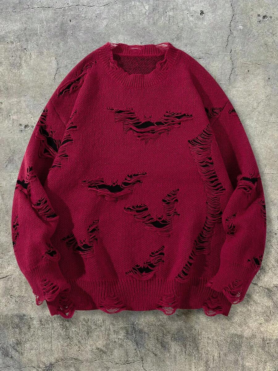 男士街头风个性做旧黑色长袖V领毛衣，休闲宽松套头针织衫，适合春、秋、冬季穿着 - 紅色 - 查看 1