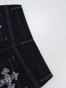 Men's Loose Fit Jeans, Cross Embroidered Jeans, Pocket Embroidered Jeans, Y2K Hip Hop Rock Baggy Wide Leg Jeans, Street Fashion Trendsetter Jeans - Black - View 7