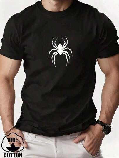 Manfinity Roghcode Camiseta De Manga Corta Con Estampado De Patrón De Araña Para Hombre, Perfecta Para El Verano MEN SPORT