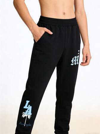 Teen Boys' Handsome Lightning & English Print Drawstring Waist Sweatpants, Fleece Fabric, Suitable For Carnival, Back To School, Teen Boys Gifts, Autumn/Winter