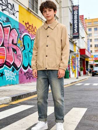 Chaqueta casual de moda versátil de primavera y otoño 2024 para adolescentes, de manga larga, color caqui y con textura de waffle