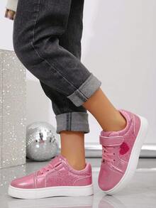 Girls' Heart Embroidery Hook And Loop Design Easy On/Off Bling Casual Sneakers - Hot Pink - View 5
