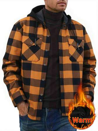 男士格子纽扣领长袖衬衫，带胸袋，常规版型，加厚保暖内衬纽扣衬衫外套