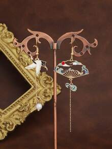 1 Pair Elegant Asymmetric Palace Style Crane Earrings, Chinese Style Casual Accessories - Crane Irregular Fan Earrings - View 5