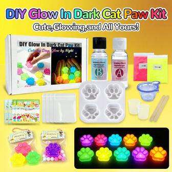 34件套夜光软硅胶猫爪制作套装，DIY模具材料包，包含30ml透明AB树脂胶水、猫爪硅胶模具、植绒材料和工具，1:1体积比，非常适合DIY