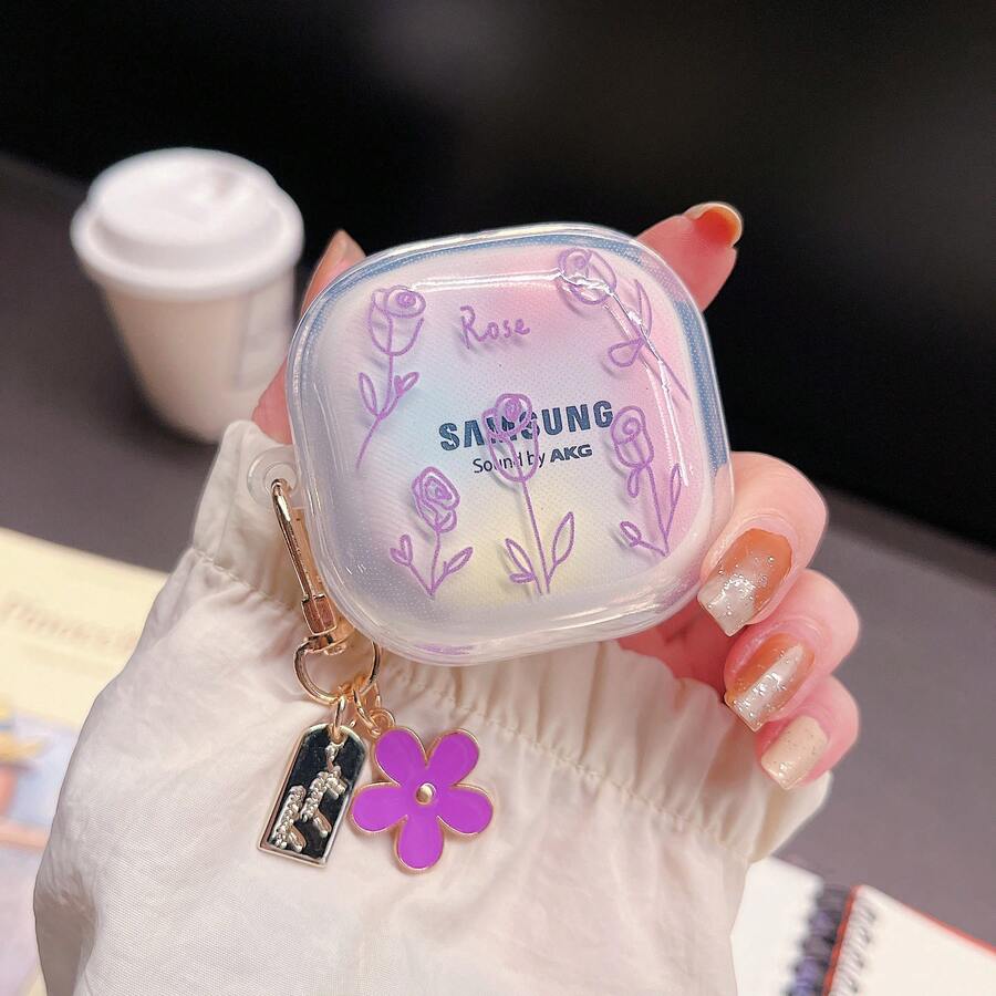 新款彩色紫色花束可爱保护壳,兼容三星Galaxy Buds FE、Buds 3/Buds 3 Pro、Buds Pro、Buds Live、Buds 2/Buds 2 Pro无线蓝牙耳机,透明款,女士适用 - 炫彩紫色花束+掛飾 - 查看 1