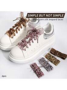 2pcs New Leopard Print Shoelaces, 2.5CM Wide Sheer Ribbon Laces, Cute Leopard Pattern Satin Lace Shoelaces - Multicolor - View 2