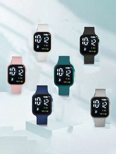 6pcs/Set Cute Heart & Rocket Cartoon Pattern Sports Digital LED Display Watch, Multiple Colors, For Daily Wear & Occasions