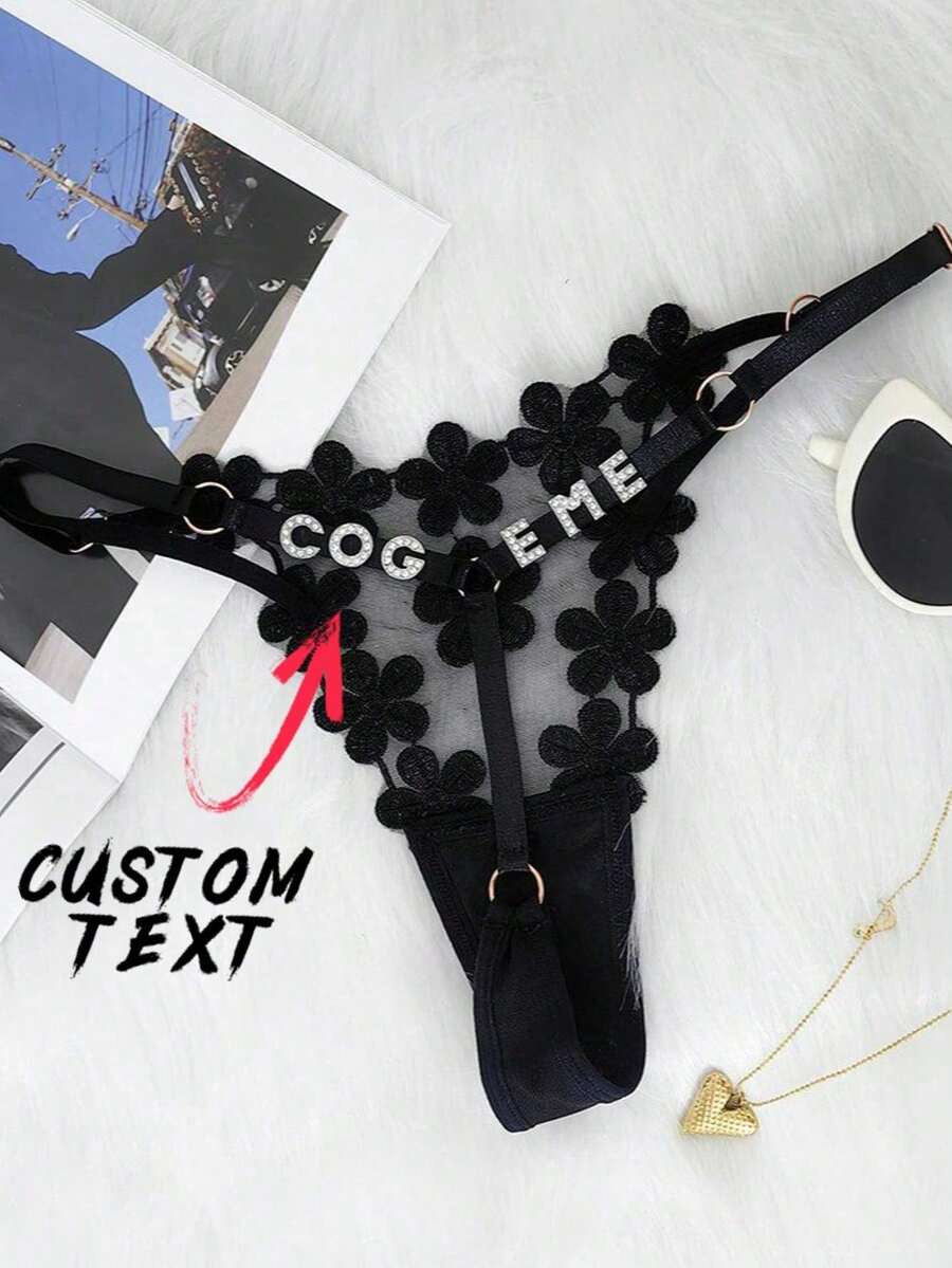 1PC Sexy Girl's Mesh Underwear, Embroidered Adjustable Thong, Breathable Mesh Sexy Thong, Customized Letters, Customized DIY Letters, Customized Rhinestone Letters DIY, For Girlfriend Or Wife, Unique Anniversary Gift, Customized DIY Rhinestone Letters, Customized Personalized Letters, Customized Letters DIY. - Multicolor - View 1