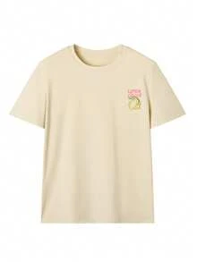 Camiseta de manga corta con cuello redondo y estampado de limones para mujer, estilo casual de vacaciones, top moderno para el verano y uso diario. - Albaricoque 3 - Ver 4