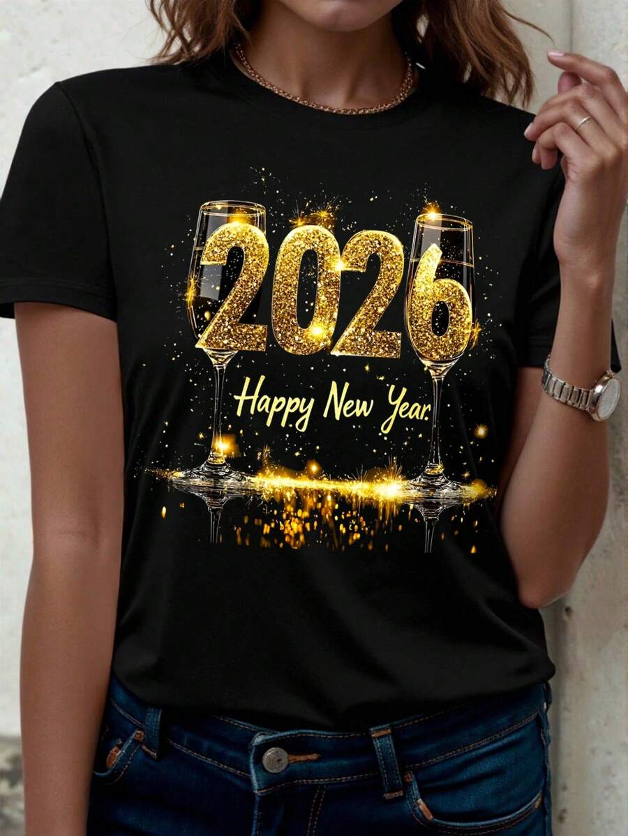 Happy New Year! Women's Short-Sleeved T-Shirt, Happy New Year 2026, Suitable For All Seasons. - Black - View 1