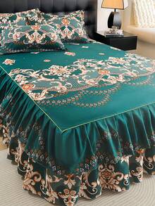 3 Peças Conjunto de Saia de Cama com Estampa Floral (1 Saia de Cama + 2 Fronhas), Barra Franzida, Macio e Respirável, Adequado para Decoração de Quarto - Verde Escuro - Visão 4