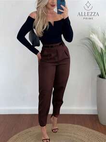 Calça Alfaiataria Feminina Cenoura Casual Social Esporte - Marrom - Visão 1