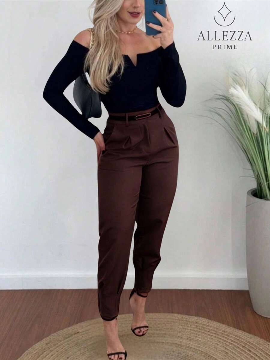 Calça Alfaiataria Feminina Cenoura Casual Social Esporte - Marrom - Visão 1