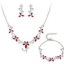 Crysdue Flower Leaf Wedding Jewelry Set Bridal Bridemaid, Cubic Zirconia Teardrop Elegant Silver/14K/Gold Plated Vine Necklace Dangle Earrings Prom Party - B_三組紅色 - 查看 1
