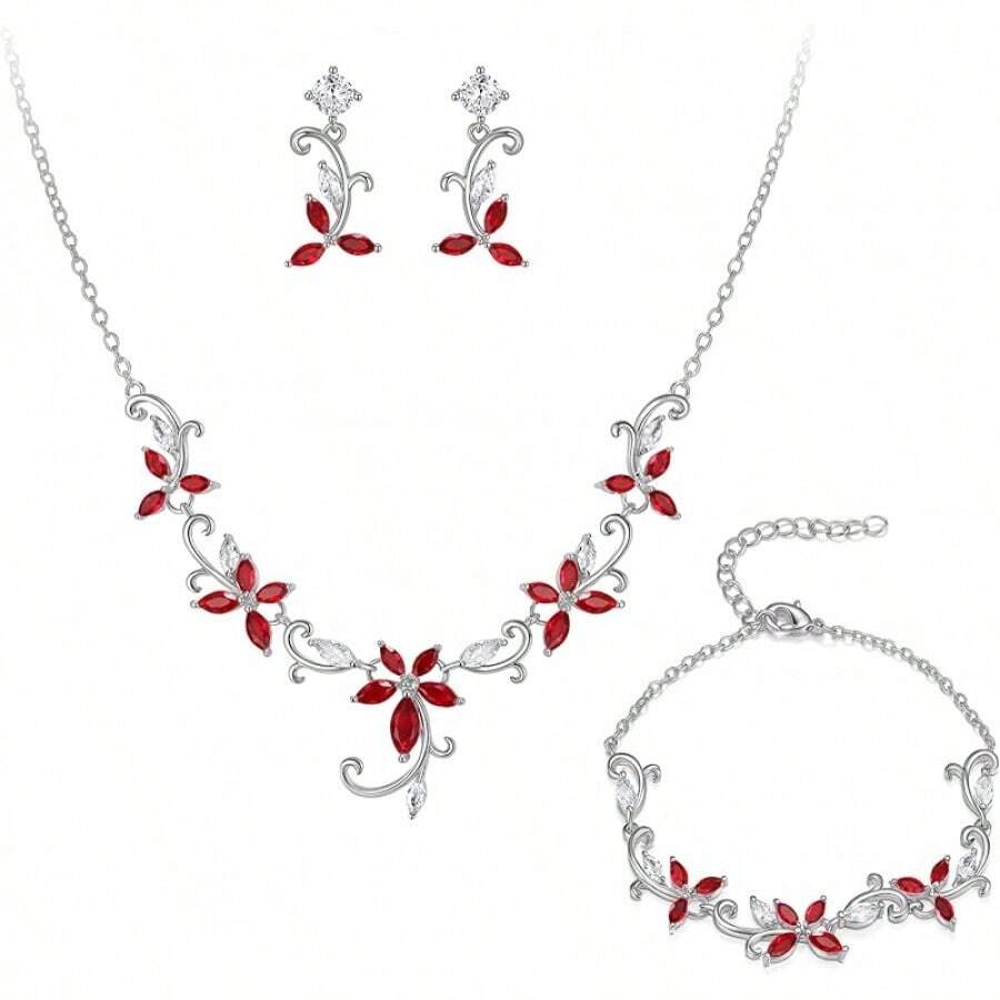 Crysdue Flower Leaf Wedding Jewelry Set Bridal Bridemaid, Cubic Zirconia Teardrop Elegant Silver/14K/Gold Plated Vine Necklace Dangle Earrings Prom Party - B_三組紅色 - 查看 1