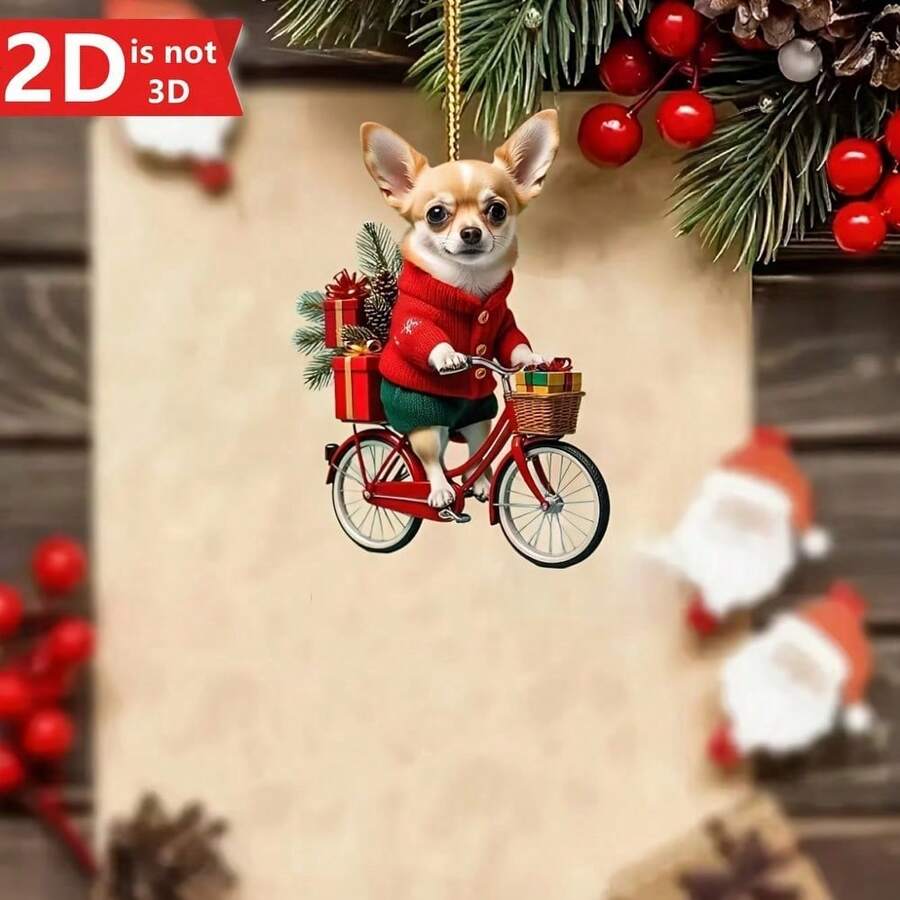 Chihuahua Riding A Bicycle Ornament - 2D Flat Acrylic Christmas Decoration With Expressive Eyes And Ears, Irregularly Shaped Dog Statues, Suitable For Homes, Parties, Keychains - A Gift For Chihuahua Lovers, Durable And Lightweight Holiday Decoration, Festive Chihuahua Riding A Bicycle With Basket, Classic Style Suitable For Christmas And All Year Round, Perfect For Tree Or Tabletop Display, Ideal Gift For Pet Lovers - 1 - View 1