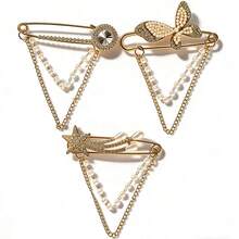 3pcs Vintage Faux Pearl Chain Brooch, Elegant Metal Decoration Pins For Blazer, Sweater, Stylish Street Fashion Accessories - Multicolor - View 10