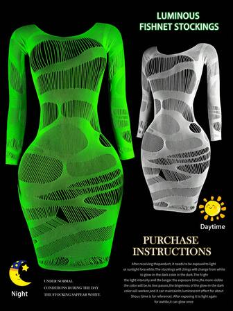 Sexy Lingerie Neon Green Fishnet Long Sleeve Bodysuit – Glow In The Dark See-Through Tight One Piece For Party Clubwear