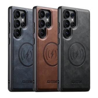  SUTENI Frosted Feel Faux Leather Magnet Wireless Charging Phone Case For Galaxy S25Ultra S24 S23 S22 For Unisex Relatives Friends And Elders Holiday Gift