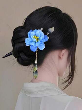 Pinza de pelo con decoración de flor de terciopelo azul elegante de 18 cm, color duradero, elegante y grácil, adecuada para damas y niñas refinadas como accesorio de cabello diario, también se puede usar como tocado o pinza de cabello en forma de U grande para fijar el cabello lateral, regalo ideal para damas, maestras o el Día de San Valentín