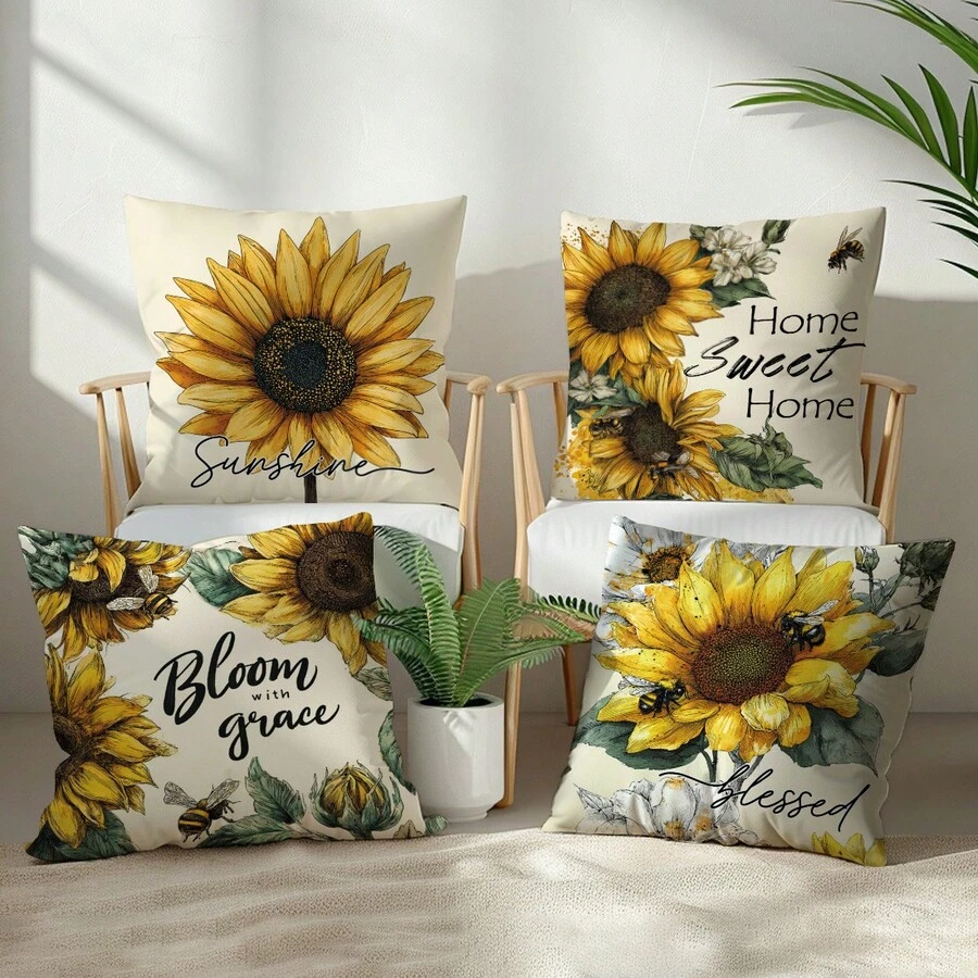 Bộ 4 vỏ gối trang trí họa tiết hoa hướng dương cổ điển "Sweet Home", chất liệu nhung đào in một mặt, kích thước 45*45/40*40/50*50CM, dùng cho ghế sofa vải hiện đại, trang trí trong nhà, tiệc tùng, quà tặng