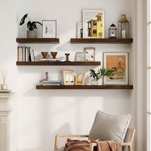 Solid Wood Floating Shees For Wall 24W X 9D X 1.56H Large Wall Shees For Living Room Bedroom Bathroom Kitchen Drcor Storage With Invisible Heavy-Duty Metal Bracket Walnut Set Of 2 - 胡桃木飾面 - 查看 4