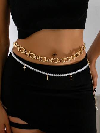 女士腰链 - 个性化十字架吊坠腰链套装，搭配仿珍珠串珠（不含礼盒）
