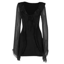 長袖荷葉邊裙擺包身裙 - 黑色 - 查看 3