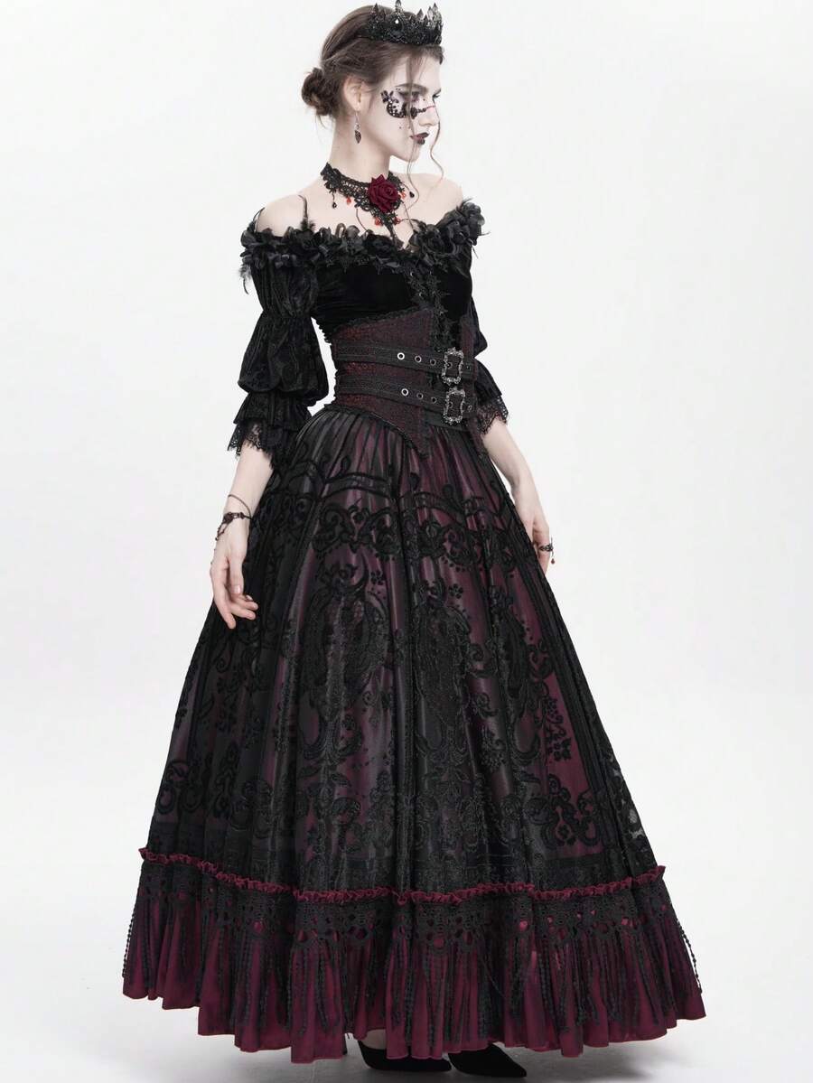 EVA LADY Embroidered Lace Trim Off-Shoulder Gothic Style Dress, Suitable For Theme Parties - Black - View 1