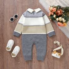 Infant Gentleman Style Collared Sweater Romper, Colorblock Wide Striped Minimalist Jumpsuit - Grey - View 3