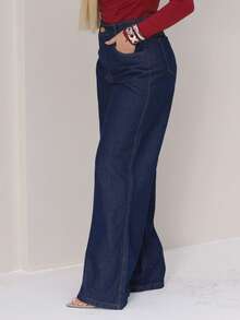 Women's Wide Leg Jeans, Marbled Pattern, High Waist, Wide Leg, Gaven Brand, Thick Fabric, 100% Denim - Rửa tối - Xem 3