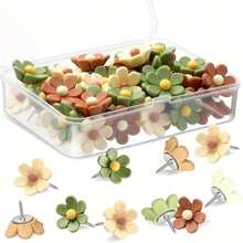 30pcs/Box, Multi-Color, Convenient Thumbtacks, Stationery Tool, Flower Shaped Thumbtacks For Soft Cork Board, Green & Brown, Decorative Thumbtacks For Photo Wall, Feature Wall, Map, Bulletin Board, Office Or Home