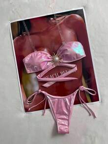 2pcs Women's Summer Bikini Set, Vacation Swimwear, New Shiny Soft Material With Metallic Pearl Fabric, Side Tie Swim Bottoms, Suitable For Beach Vacation And Pool Party