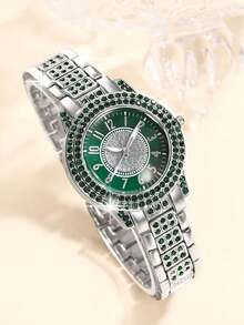 1 Set Women's Bracelet Watch, Featuring A Fashionable Bangle Watch With Diamond-Encrusted Arabic Numeral Dial, Paired With A Green Crystal Embellished Bracelet. Suitable For Daily Wear, Gift-Giving, Or Self-Indulgence. (Packaging Not Included)