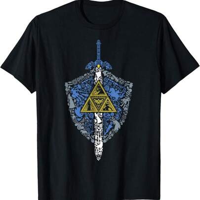 Camiseta gráfica de iconos de elementos del escudo Hylian de Zelda, camiseta casual de manga corta de algodón con cuello redondo