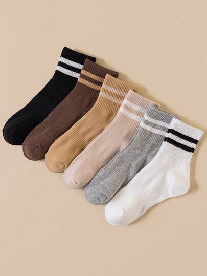 6 Pairs Striped Socks, Simple & Fashionable Stripe Mid-Calf Socks, Multi-Color Versatile, Breathable, Moisture-Wicking, Suitable For Sports & Casual Wear, All Season