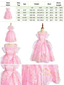 6pcs/Set Girls Pink Floral Pattern Sleeveless Dress, Gloves, Crown, Magic Wand, Handbag, Children Christmas Halloween Costume Dress Set - Pink - View 10